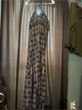 Navy and Cream Printed Halter Maxi Dress
